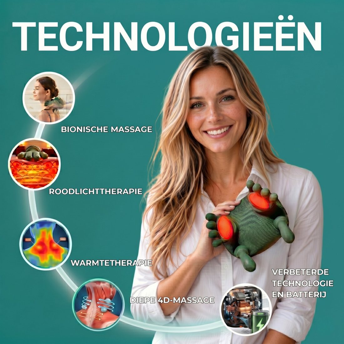 Technologieën van de Thaiori nekmassager: bionische massage, rood licht, warmte, 4D