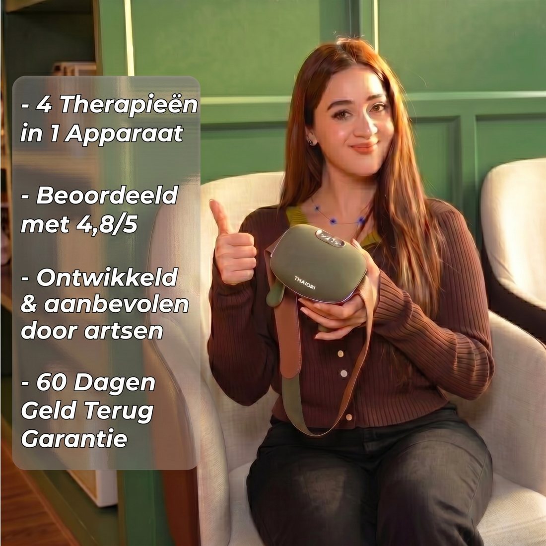 Vrouw met de Thaiori nekmassager – 4 therapieën in 1 apparaat